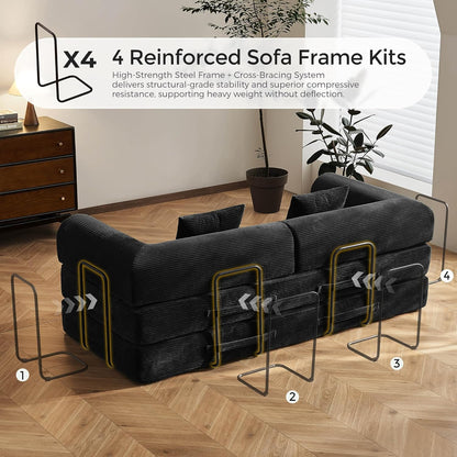 79" Convertible Sofa Bed with Fixed-Shape Frame & Removable Armrests, Modular Corduroy Sleeper Sofa, Folding Mattress Couch for Small Spaces - No Assembly Needed in Black (Includes 2 Pillows)
