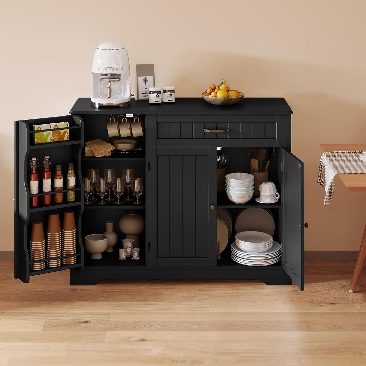 Gizoon Kitchen Sideboard Buffet Cabinet with Storage Small Coffee Bar Cabinet with Drawer, Kitchen Pantry Storage Cabinet with Door and Shelves for Bathroom and Living Room, Black