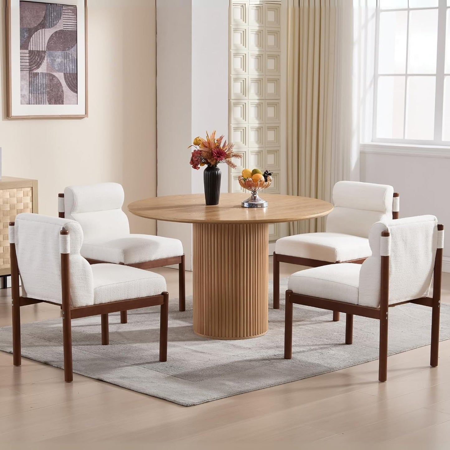 CIMOTA Modern Upholstered Dining Chairs Set of 6, Linen Fabric Kitchen & Dining Room Chairs Boucle Armless Side Chairs with Curved Backrest/Solid Wood Legs, Cream White