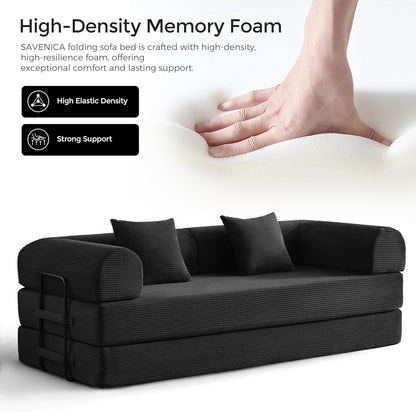 79" Convertible Sofa Bed with Fixed-Shape Frame & Removable Armrests, Modular Corduroy Sleeper Sofa, Folding Mattress Couch for Small Spaces - No Assembly Needed in Black (Includes 2 Pillows)