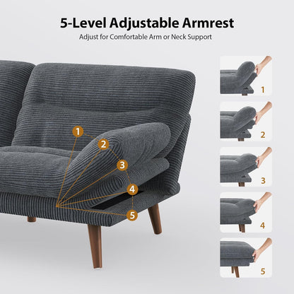 Pipishell Futon Sofa Bed, 66 Inch Corduroy Futon Couch Convertible with Adjustable Backrest and Armrests, Recliner Sleeper Sofa for Small Spaces, Living Room, Office, Guest Room (Grey, 66 Inch)