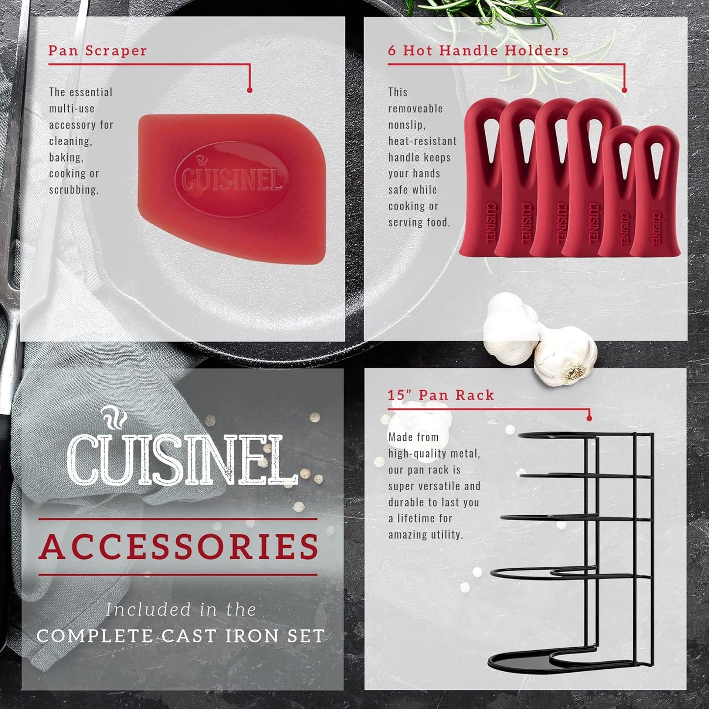 Cuisinel Cast Iron Cookware 18-Piece Set - Pre-Seasoned 6" + 8" + 10" + 12" Skillet + Grill Pan+Lid + Griddle + Pizza Pan + Dutch Oven+Pan Cover + Panrack + Silicone Handle Grips + Pan Scraper/Cleaner