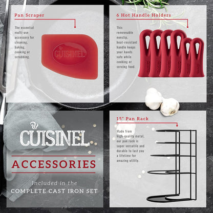 Cuisinel Cast Iron Cookware 18-Piece Set - Pre-Seasoned 6" + 8" + 10" + 12" Skillet + Grill Pan+Lid + Griddle + Pizza Pan + Dutch Oven+Pan Cover + Panrack + Silicone Handle Grips + Pan Scraper/Cleaner
