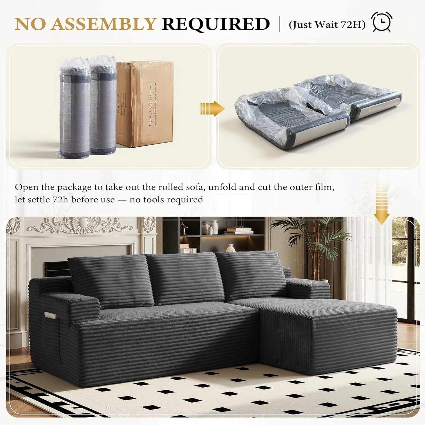 96" Sectional Couches for Living Room Cloud Couch Sofa with L-Shape Upholstered Boneless Couchs Modern Modular Sectional Couch with Chaise (Dark Grey, 96" W+Right Facing Chaise+2Seaters)