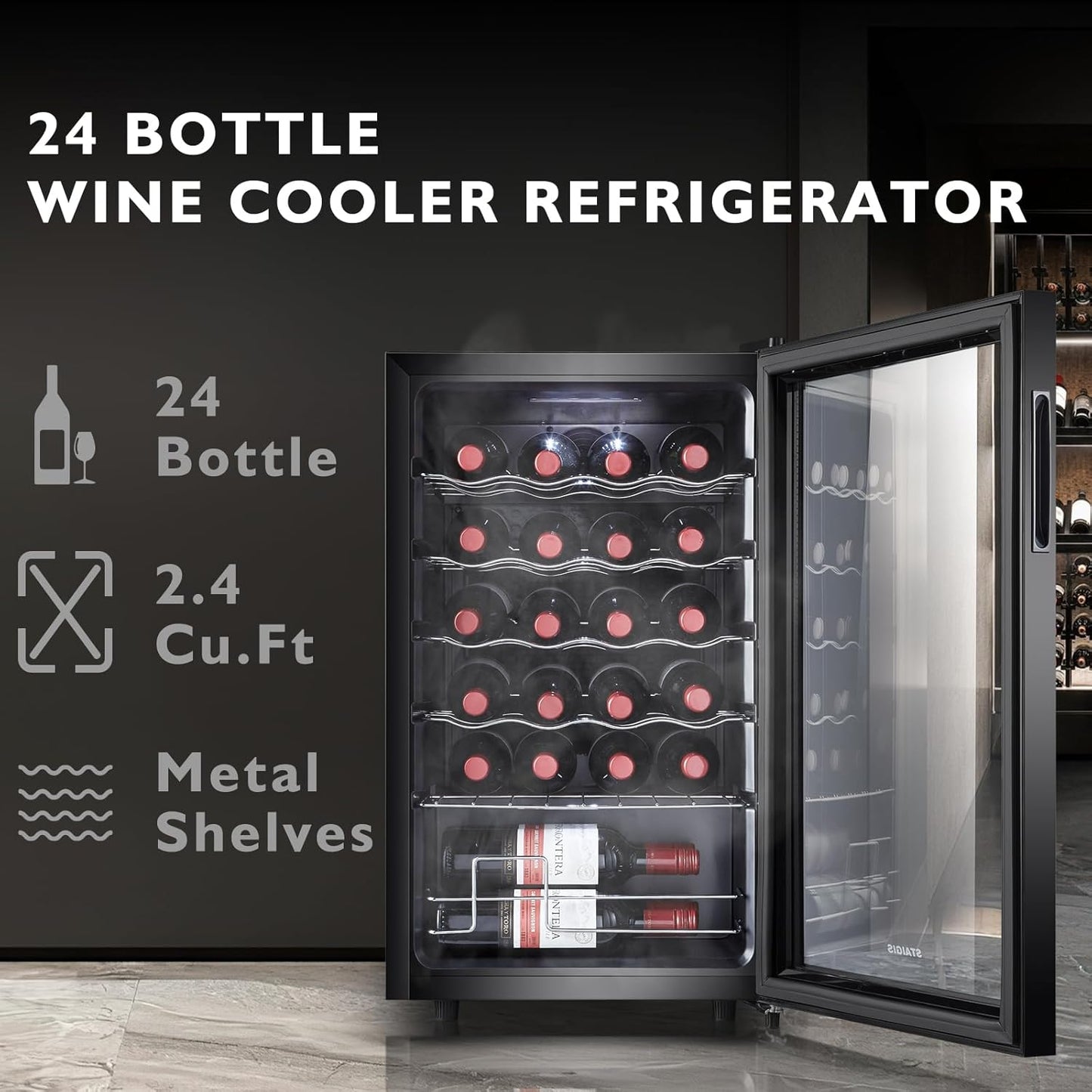 24 Bottle Mini Fridge, Small Freestanding Wine Cooler Refrigerator for Red and White with 40-66F Digital Temperature Control Glass Door