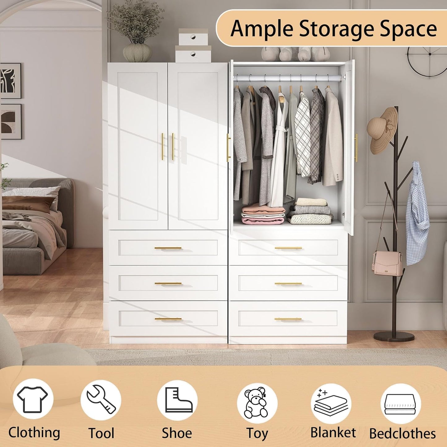 White Wardrobe with 4 Doors: 75" Tall Armoire Wardrobe Closet with 6 Drawers, Bedroom Closet Cabinet for Hanging Clothes, Wooden Storage Armoire with Shelves (Modern, 2)
