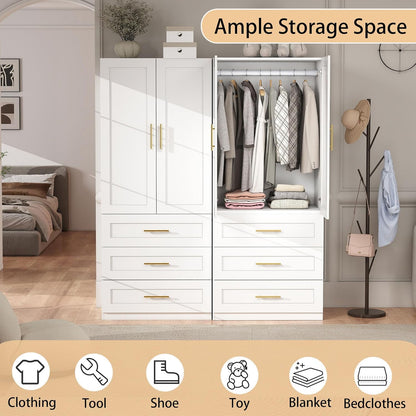 White Wardrobe with 4 Doors: 75" Tall Armoire Wardrobe Closet with 6 Drawers, Bedroom Closet Cabinet for Hanging Clothes, Wooden Storage Armoire with Shelves (Modern, 2)