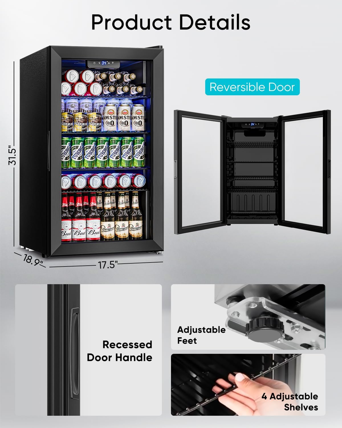 Feelfunn Beverage Refrigerator and Cooler - 126 Can Mini Fridge Glass Door for Soda Beer Wine - Freestanding Beverage Fridge for Bedroom Office Bar, 4 Adjustable Shelves, 3.2 Cu.Ft, Black
