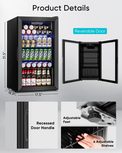 Feelfunn Beverage Refrigerator and Cooler - 126 Can Mini Fridge Glass Door for Soda Beer Wine - Freestanding Beverage Fridge for Bedroom Office Bar, 4 Adjustable Shelves, 3.2 Cu.Ft, Black
