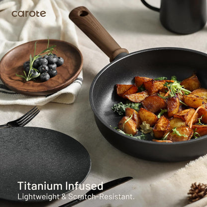 CAROTE 44pcs Nonstick Kitchen Titanium Cookware Sets, Nonstick Pots and Pans, Induction Cookware Set Kitchen Cooking Sets, Non Stick w/Frying Pan,Black