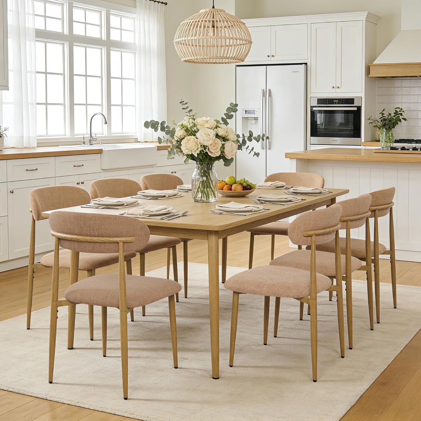 FREKEN Modern Upholstered Dining Chairs Set of 8, Mid-Century Metal Frame with Wood Grain, Linen Fabric Side Chair for Kitchen Dining Room, 350lbs Capacity, Brown