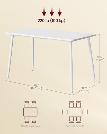 VASAGLE Dining Table, Dining Room Table for 4-6 People, Modern Farmhouse, for Kitchen, Quick Assembly, Heat-Resistant Surface, 29.5 x 55.1 x 29.5 Inches, Snow White UKDT100W101S