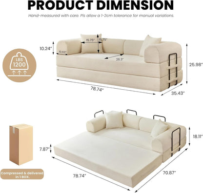 79'' Folding Convertible Sofa, Corduroy Modular Floor Couch with Pull Out Bed, 5-in-1 Sleeper Sofa Bed, No Assembly Space Saving Guest Sofa for Living Room Bedroom Apartment Lounge (Beige White) | High Backrest, No Assembly, Convertible Sofa, Space-S
