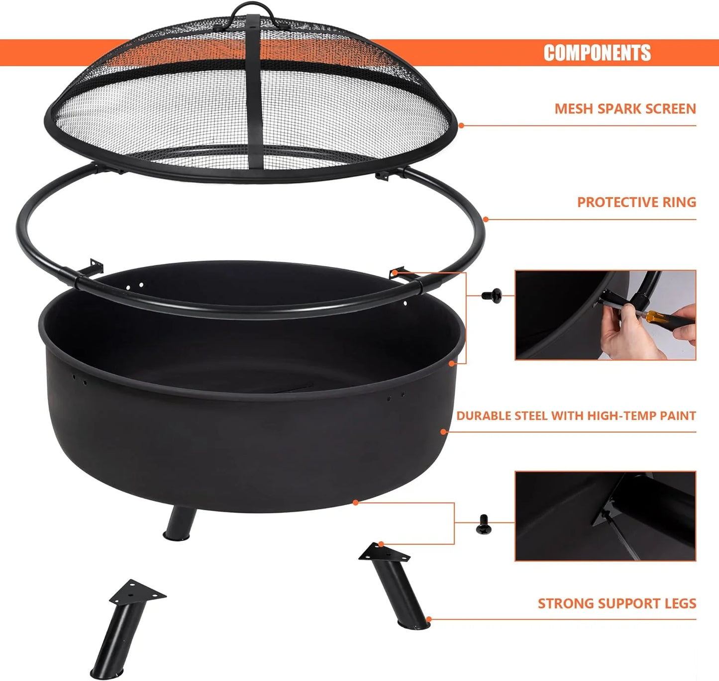 SUNCREAT 42” Patio Fire Pit Wood Burning with Mesh Spark Screen, Bonfire Outdoor firepit with Fireplace Poker, Black