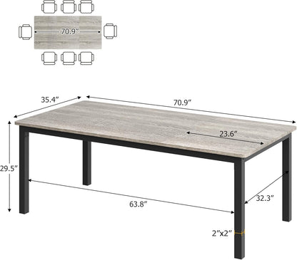 GarveeHome 70.8 in Industrial Dining Table for 6, Wooden Long Dinner Table with Mortise Tenon Design, Kitchen Table with Sturdy Metal Legs, for Dining Room Home Office Living Room, Grey