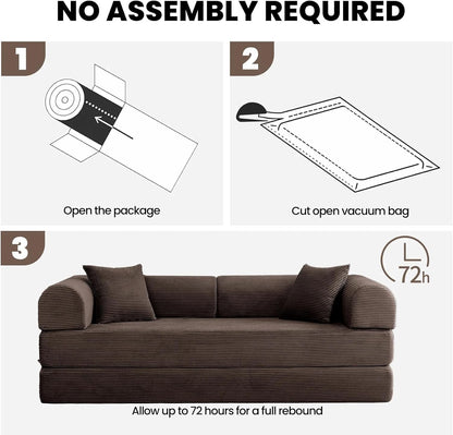 79'' Convertible Sofa Bed, Folding Sleeper Couch with Pull Out Bed, Modular Floor Couch with Cushions, Corduroy Sofa for Apartment Living Room Bedroom Guest Room Use, No Assembly (Brown)