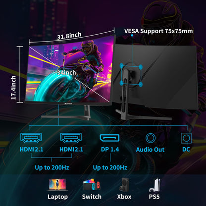 SANSUI 34-Inch Curved Gaming Monitor UWQHD 200Hz 1ms