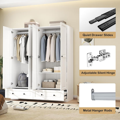 Armoire Wardrobe Closet with Drawers: 63" White Wardrobe Closet with 4 Doors and 2 Drawers, Wood Clothes Armoire with Hanging Rod, Clothing Storage Cabinet for Bedroom