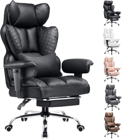COMHOMA Big and Tall Office Chair Heavy Duty Wide Ergonomic Gaming Chair with Deluxe Embossing Leather with Foot Rest 150°Reclining Adjustable Armrests Pocket Spring Back Support and Without Pillow