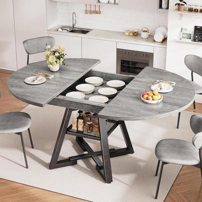 43''-57'' Extendable Round Dining Table for 4-6, Modern Industrial Kitchen Oval Dining Table with Removable Leaves, Space Saving Pedestal Base with Storage Shelf for Kitchen Living Room (Grey)