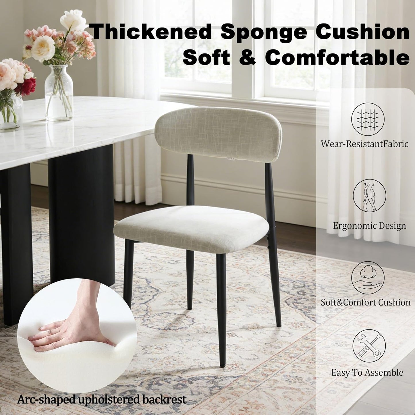 FREKEN Modern Upholstered Dining Chairs Set of 8, Mid-Century Metal Frame Linen Fabric Side Chair for Kitchen Dining Room, 350lbs Capacity, Beige