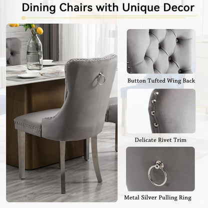 Henf 7 Pieces Faux Marble Dining Table Set for 6, 63"-79" Extendable Dining Room Table and 6 Grey Tufted Chairs Set for 6, Modern Large Expandable Kitchen Table with White Double Columns Base
