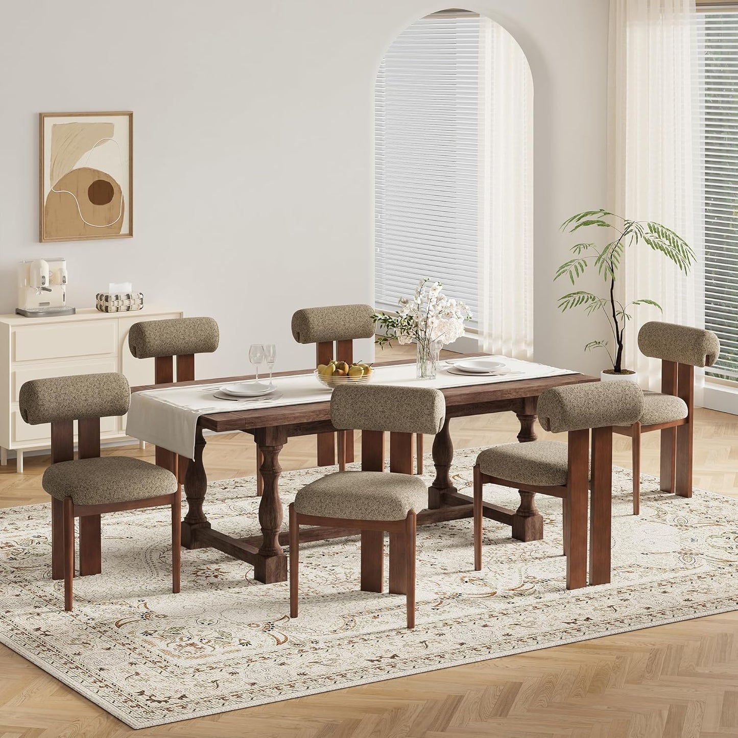 MALOL Modern Wooden Dining Chairs Set of 6, Upholstered Fabric Kitchen Chairs with Sculptural Backrest, Mid-Century Farmhouse Dining Room Chairs with Solid Wood Legs, Camel