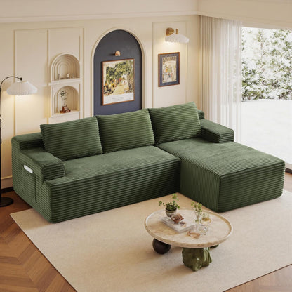96" Sectional Couches for Living Room Cloud Couch Sofa with L-Shape Upholstered Boneless Couchs Modern Modular Sectional Couch with Chaise (Green, 96" W+Right Facing Chaise+2Seaters)