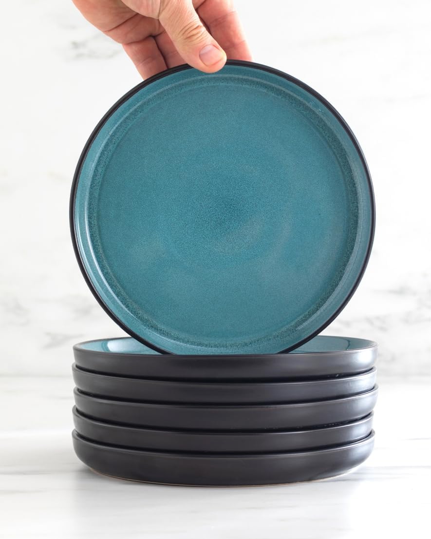32 Piece Dinnerware Sets for 8 - Modern Style Stoneware Dinnerware Set - Scratch Resistant, Dishwasher Safe Plates and Bowls Sets Ceramic, Dish Set, Bowl and Plate Set - Black and Petrol Blue…