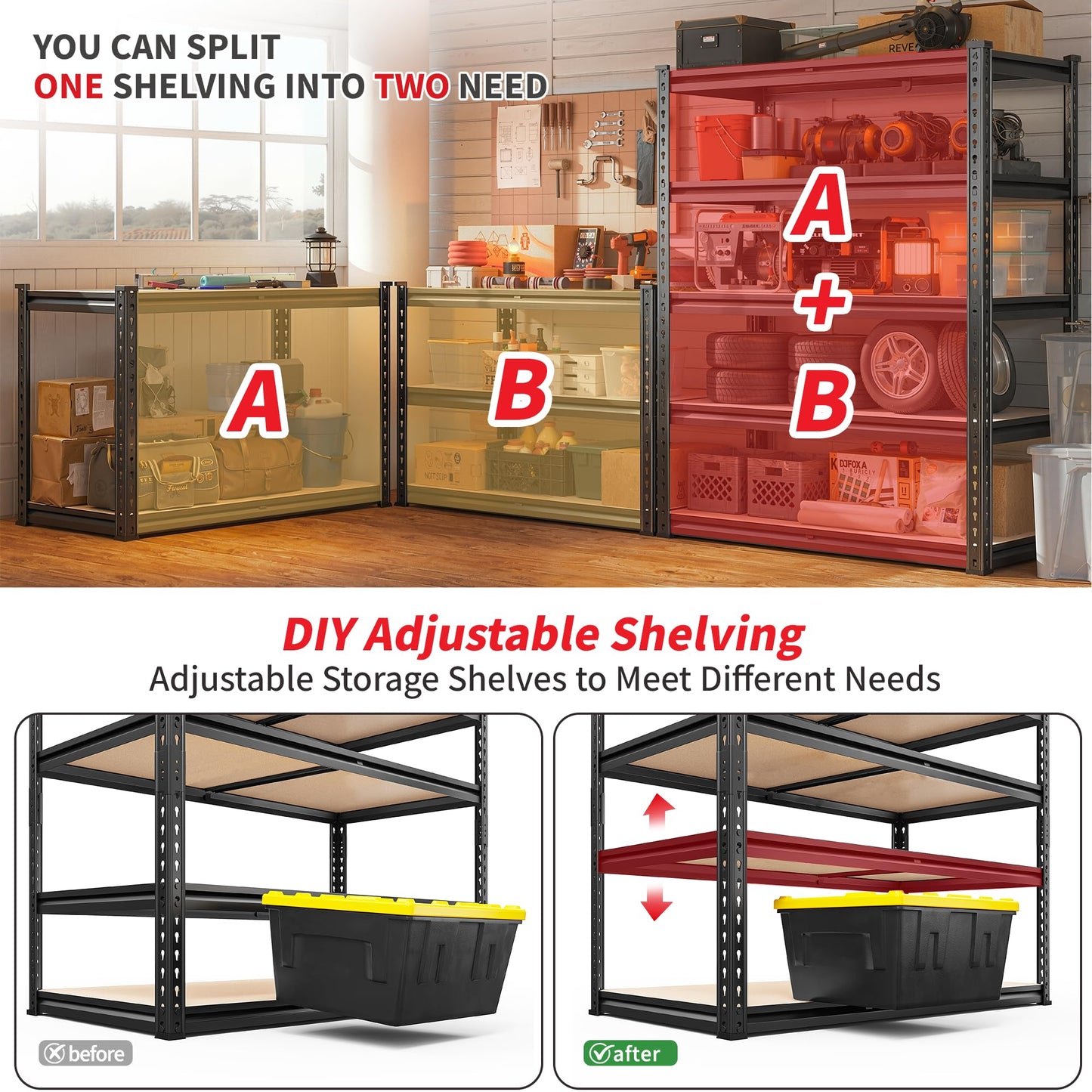 REIBII 2400LBS Heavy Duty 5 Tier Adjustable Storage Shelves