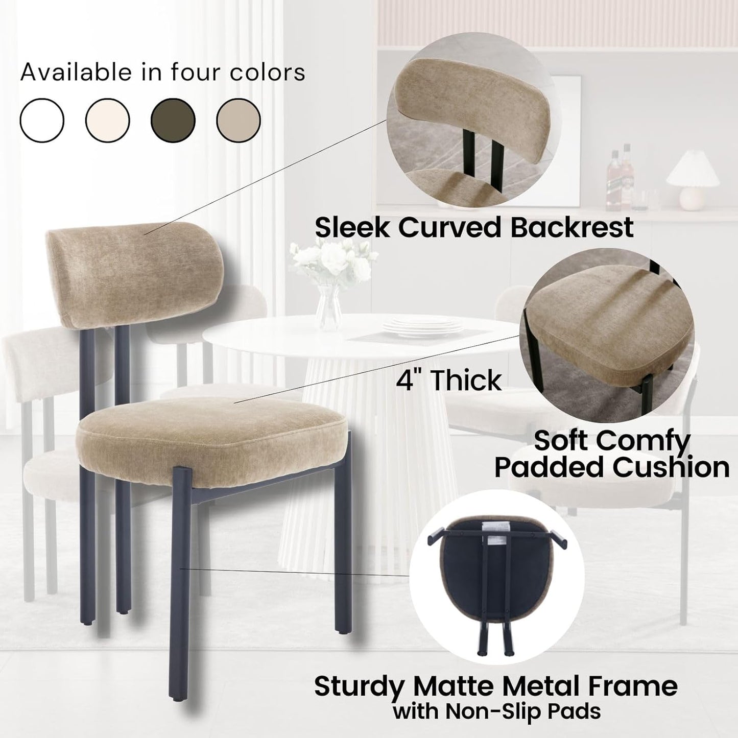 LukeAlon Chenille Dining Chairs Set of 6, Modern Curved Back Armless Kitchen Chairs with Black Metal Legs Upholstered Dining Room Chairs Reception Chairs for Living Room Office Restaurant, Khaki