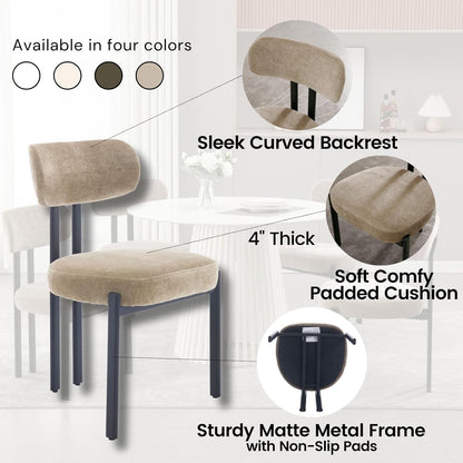 LukeAlon Chenille Dining Chairs Set of 6, Modern Curved Back Armless Kitchen Chairs with Black Metal Legs Upholstered Dining Room Chairs Reception Chairs for Living Room Office Restaurant, Khaki
