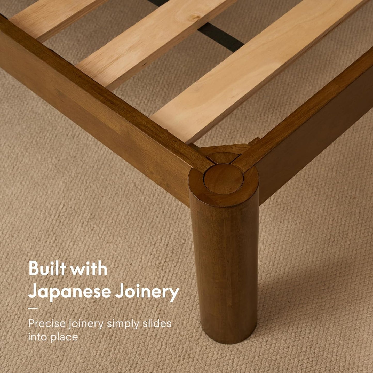 FLEXISPOT Hako G2 Japanese Joinery Bed Frame, Solid Rubberwood Queen Platform Bed with Storage Headboard, IAS&SGS Certified, Japandi Minimalist Style, No Tools Assembly, 10-Year Warranty, Walnut
