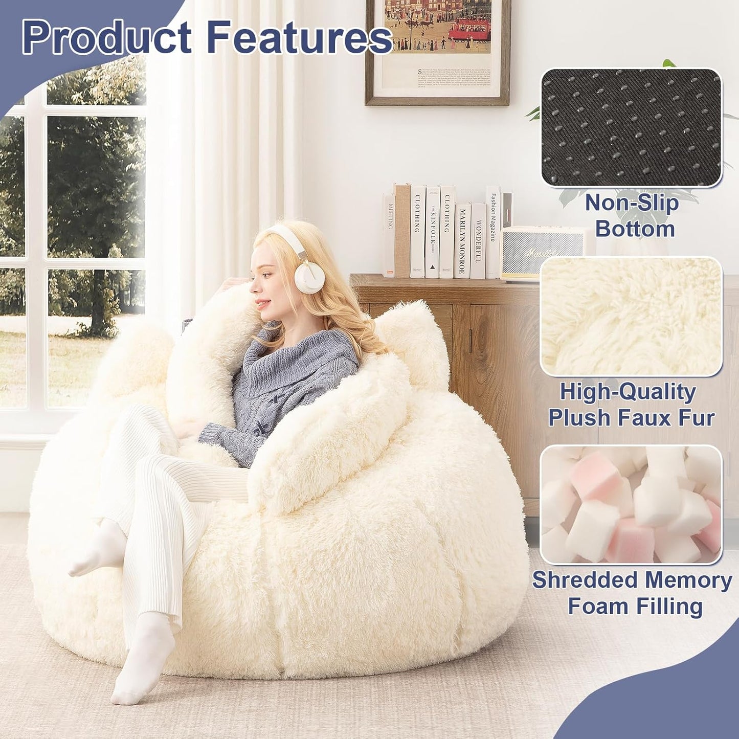 Achicsofar Bean Bag Chair for Adults Teens Giant Faux Fur Bean Bag Chairs with Filler Fluffy Plush Cat Shaped Beanbag Couch Comfy Accent Floor Sofa for Gaming, Reading in Living Room, Bedroom, Dorm
