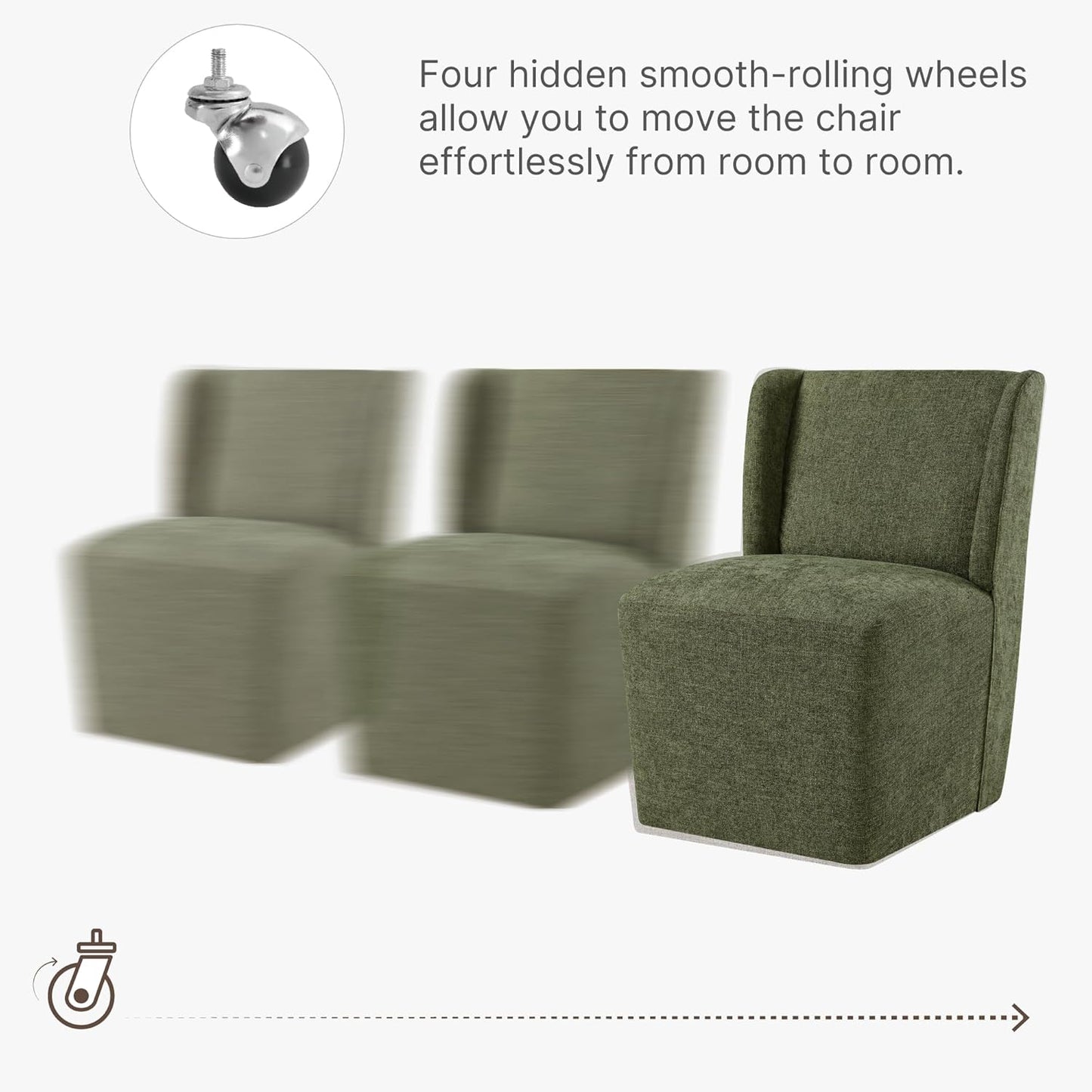 KISLOT Upholstered Dining Chairs Set of 4 with Casters, Wingback Modern Side Armless Deskchair with Rollers for Diningroom Bedroom Livingroom Reading Room, Green Fabric