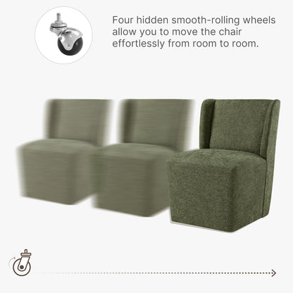 KISLOT Upholstered Dining Chairs Set of 4 with Casters, Wingback Modern Side Armless Deskchair with Rollers for Diningroom Bedroom Livingroom Reading Room, Green Fabric