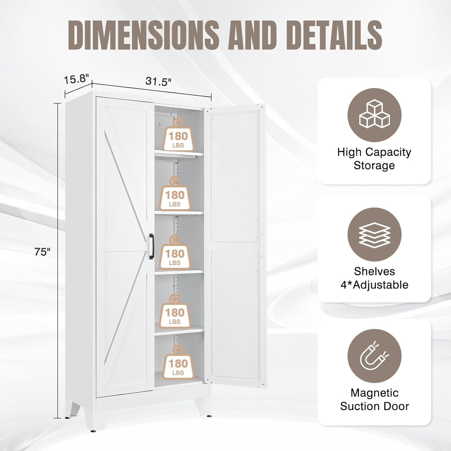 Yizosh Metal Storage Cabinet with Doors and 4 Adjustable Shelves - 75" White Kitchen Pantry Storage,4-Tier Tall Steel Cabinet Locker for Kitchen,Living Room,Dining Room