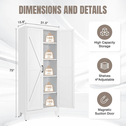 Yizosh Metal Storage Cabinet with Doors and 4 Adjustable Shelves - 75" White Kitchen Pantry Storage,4-Tier Tall Steel Cabinet Locker for Kitchen,Living Room,Dining Room