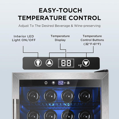 Electactic Wine Cooler 37 Bottle Freestanding Fridge with Stainless Steel Reversible Glass Door, 145 Can Beverage Refrigerator Quiet Compressor for Home Kitchen Bar, 4.5 Cu.ft Silver