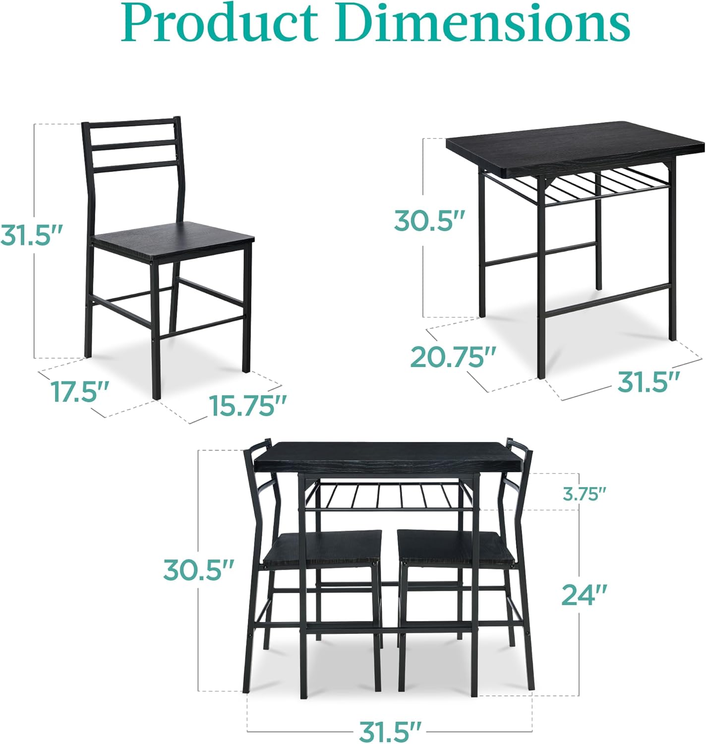 Best Choice Products 3-Piece Modern Dining Set, Space Saving Dinette for Kitchen, Dining Room, Small Space w/Steel Frame, Built-in Storage Rack - Black/Black