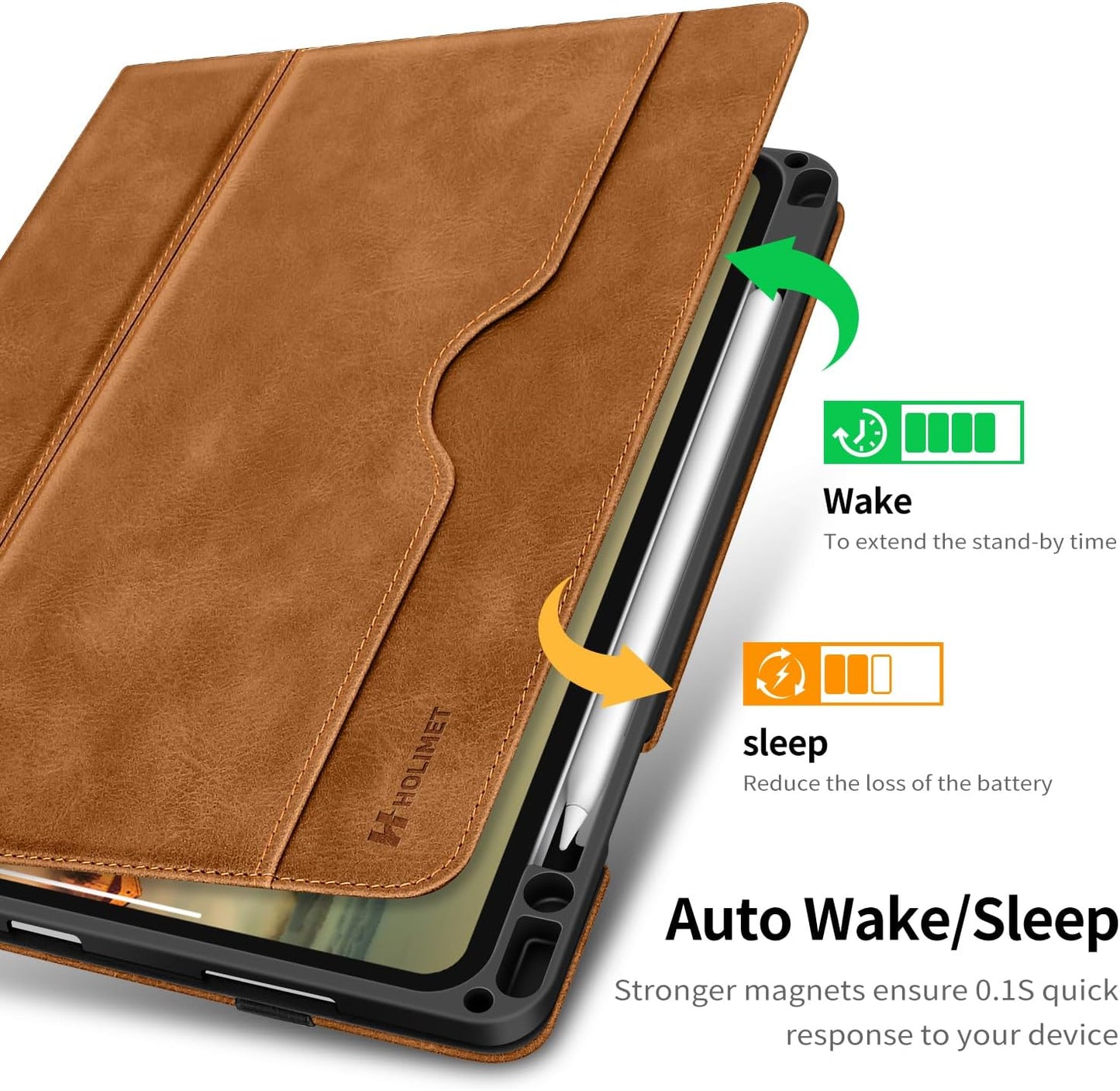 H HOLIMET Case for iPad Pro 11 inch M5 2025/M4 2024 with Pencil Holder Supports Pencil Pro and Pencil Auto Sleep/Wake Function Vegan Leather Smart Stand Cover (Brown)