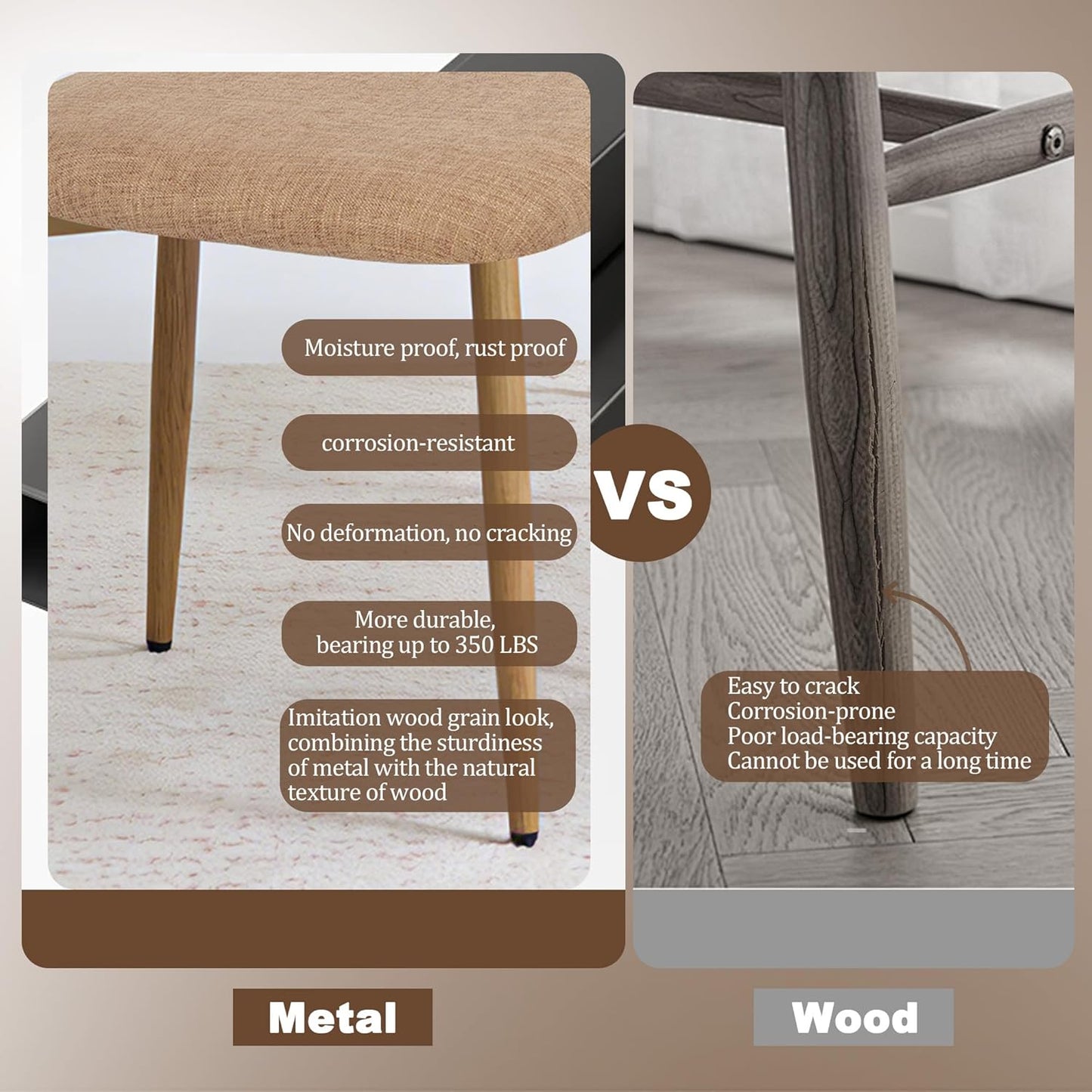FREKEN Modern Upholstered Dining Chairs Set of 8, Mid-Century Metal Frame with Wood Grain, Linen Fabric Side Chair for Kitchen Dining Room, 350lbs Capacity, Brown