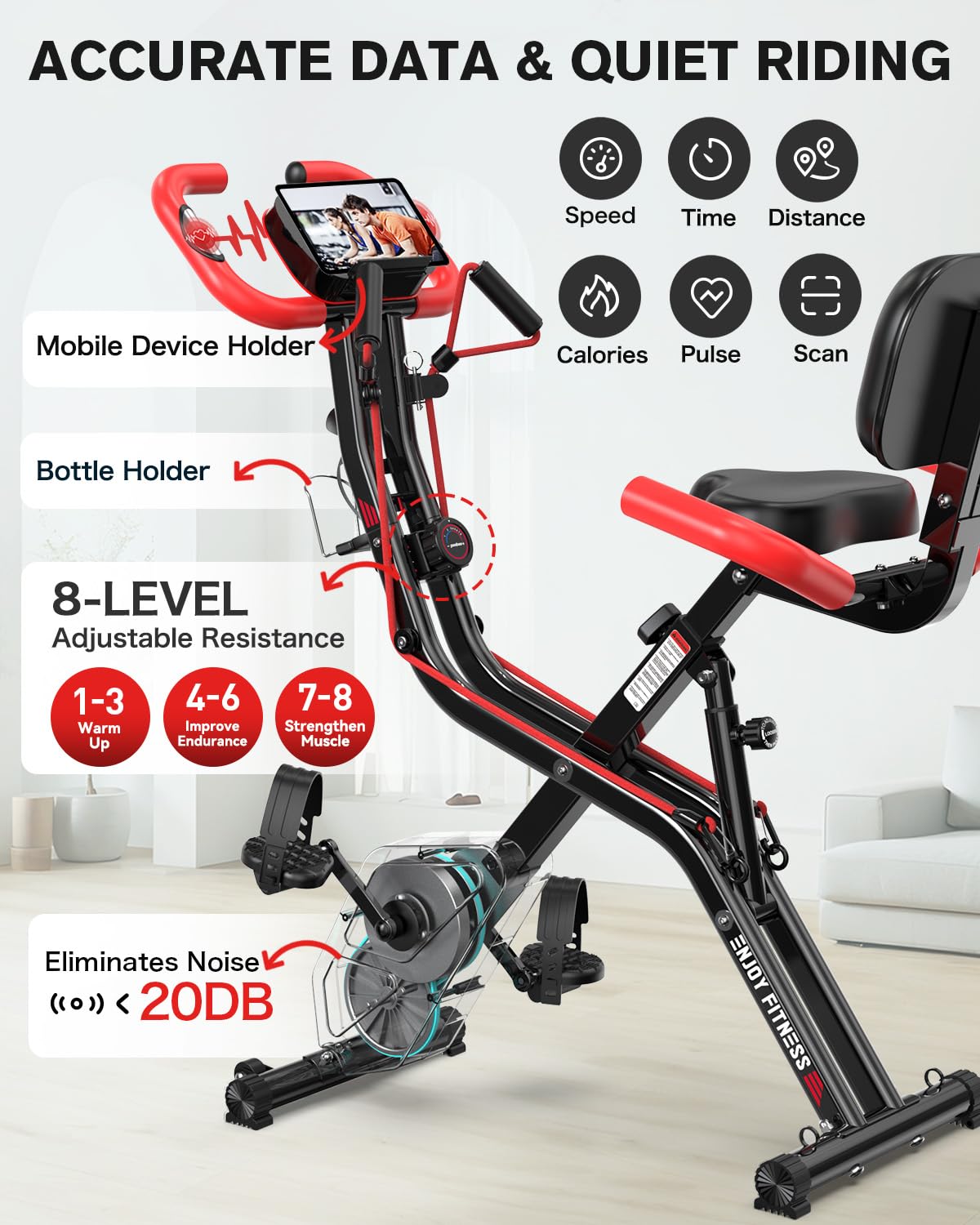 POOBOO Folding Exercise Bike - 8-Level Resistance, 300LB Capacity