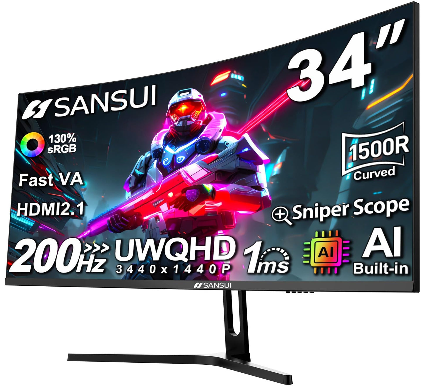 SANSUI 34-Inch Curved Gaming Monitor UWQHD 200Hz 1ms