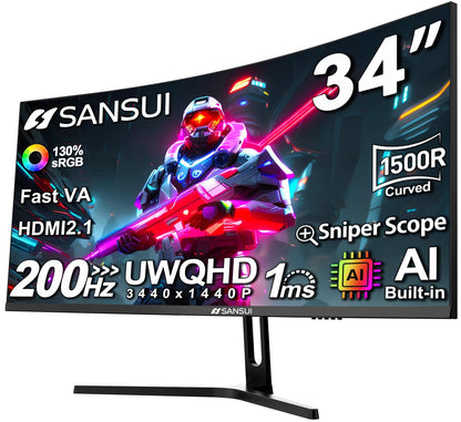 SANSUI 34-Inch Curved Gaming Monitor UWQHD 200Hz 1ms