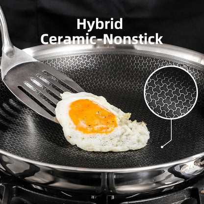 DELUXE Hybrid Ceramic Nonstick 5-Piece Fry Pan Set,8,10,12 Inch Frying Pans with Tempered Glass Lids,Stay-Cool Handles, Dishwasher Safe, Works on All Stovetops (Induction, Gas, Electric)
