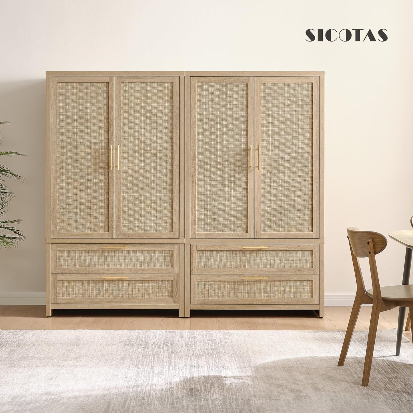 SICOTAS Larger Armoire Wardrobe Closet, 71" Tall Rattan Freestanding Wardrobe Closet Cabinet with Storage and 2 Drawers, Boho Armoire Clothes Organizer with Hanging Rod for Bedroom, Light Oak (2 PCS)