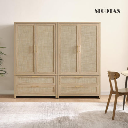 SICOTAS Larger Armoire Wardrobe Closet, 71" Tall Rattan Freestanding Wardrobe Closet Cabinet with Storage and 2 Drawers, Boho Armoire Clothes Organizer with Hanging Rod for Bedroom, Light Oak (2 PCS)