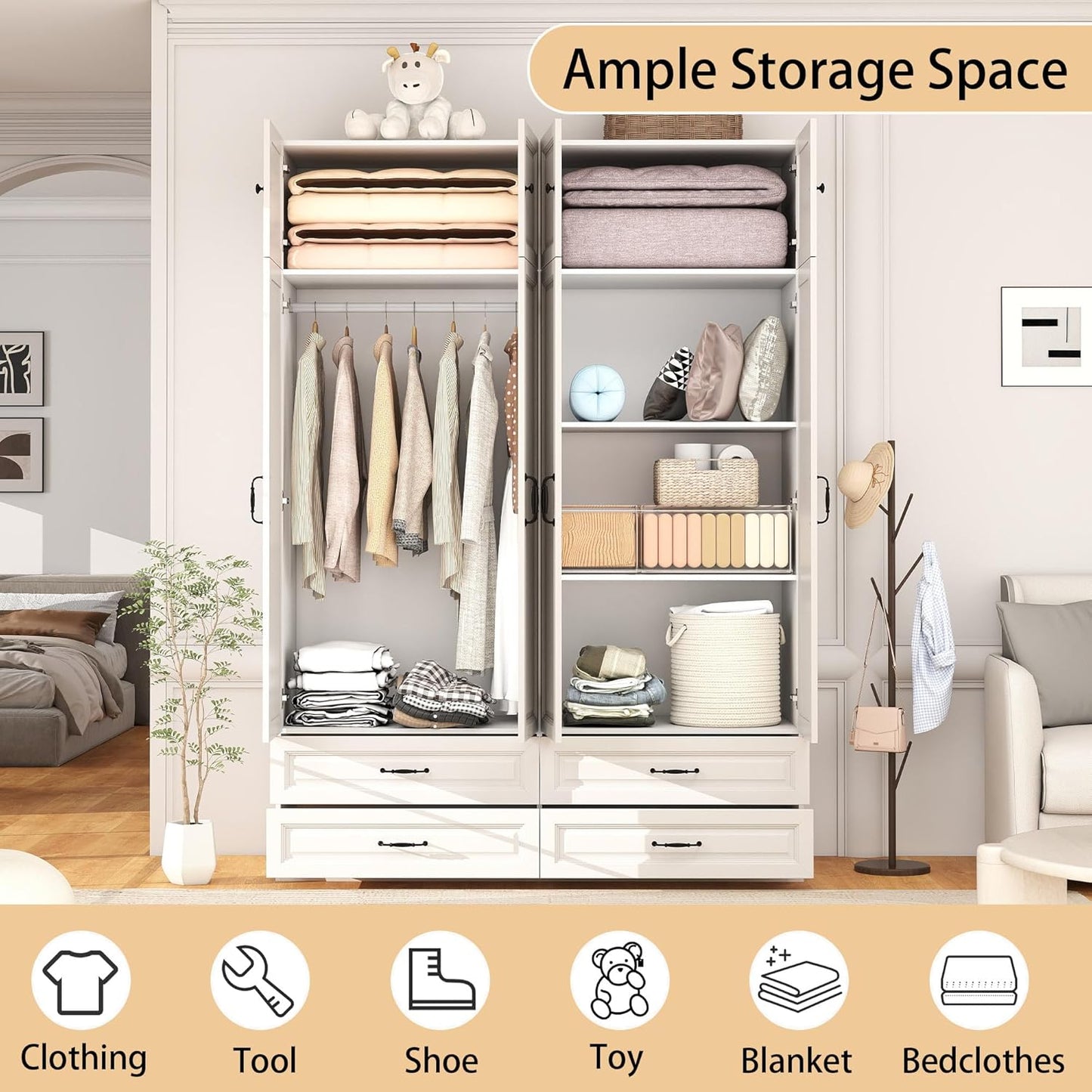 White Armoire Wardrobe Closet with Drawers: Bedroom Armoires with Hanging Rod, Wooden Closet Cabinet for Hanging Clothes, Tall Wardrobes Closets with Doors and Shelves (63")