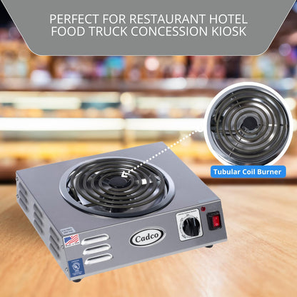 Cadco CSR-3T 14" Electric Portable Countertop Hi-Power Hot Plate w/One Tubular Burner for Restaurant Hotel Food Truck Concession Kiosk, Stainless Steel, 120v